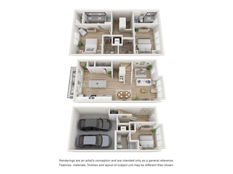 Three floor plans of a house with a kitchen, living room, bedrooms and bathrooms.